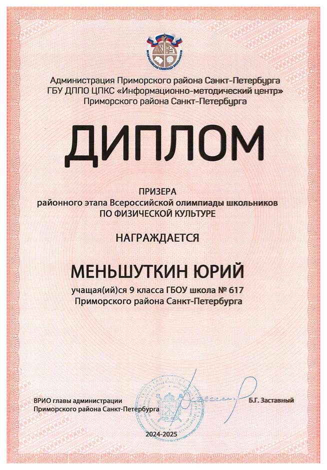 2024-2025 Меньшуткин Юрий 9и физическая культура (Тронь Т.И.)